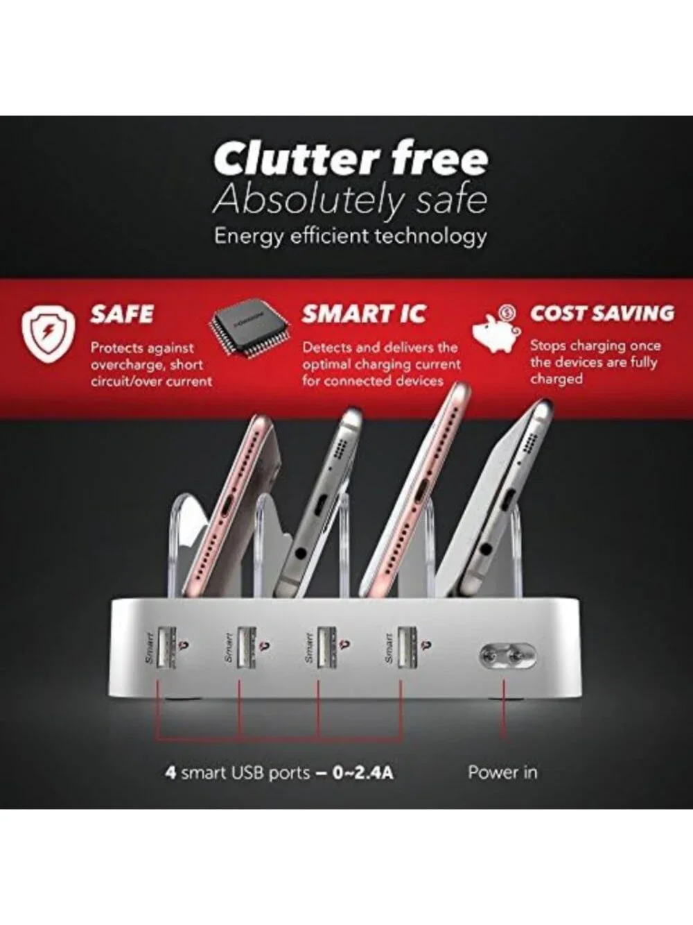 Fast Charging Dock Station for 4 Devices - Multi USB Charger for iPad, iPhone